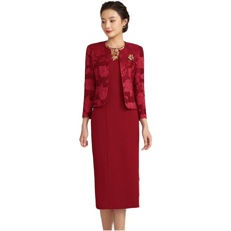 瑟俐品牌年轻喜婆婆婚宴礼服2022新高贵优雅气质两件套时尚连衣裙春 红色 L