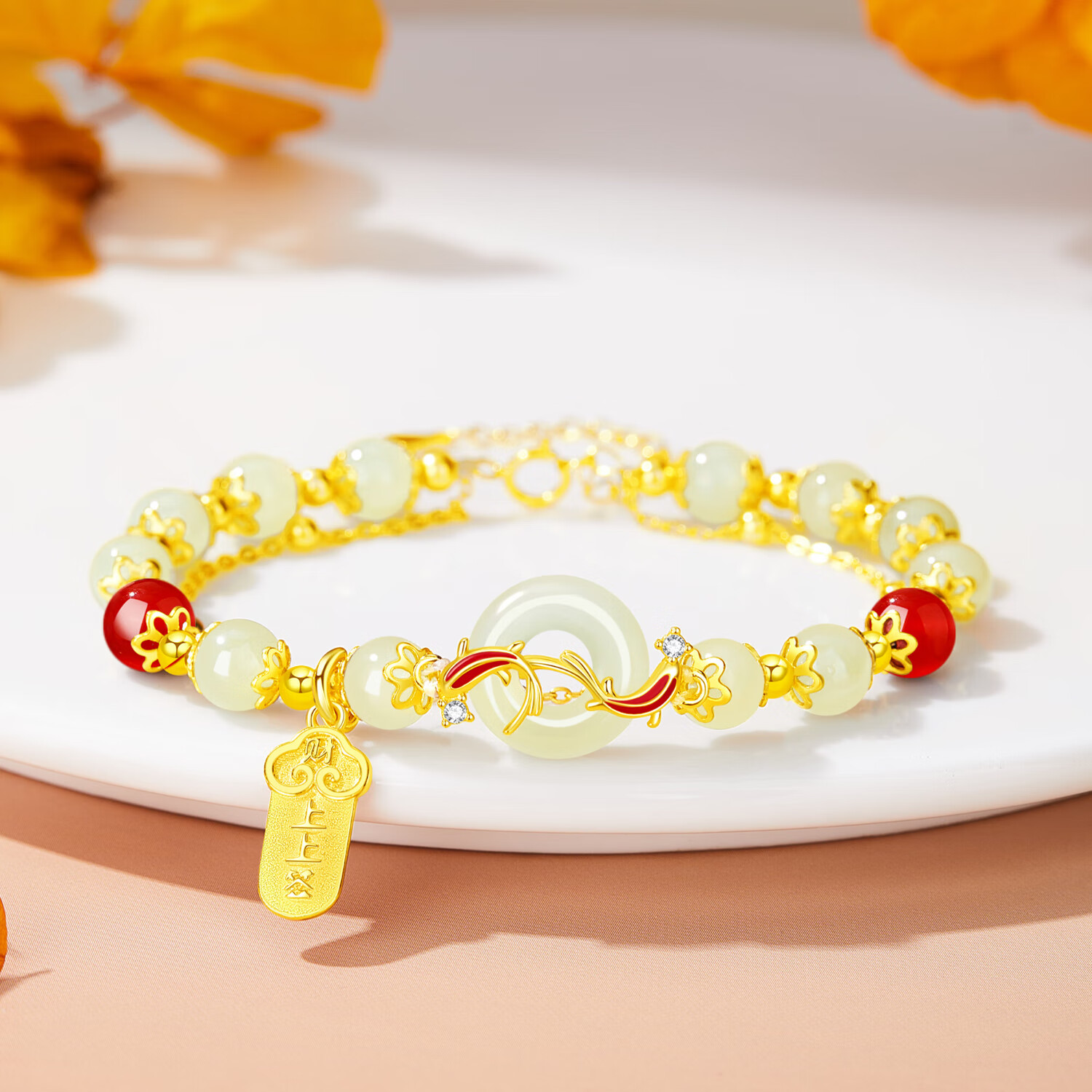 老凤祥锦鲤平安扣和田玉银手链女转运珠手串七夕情人节生日礼物女友老婆 【和田美玉】幸运锦鲤平安扣手链 225元