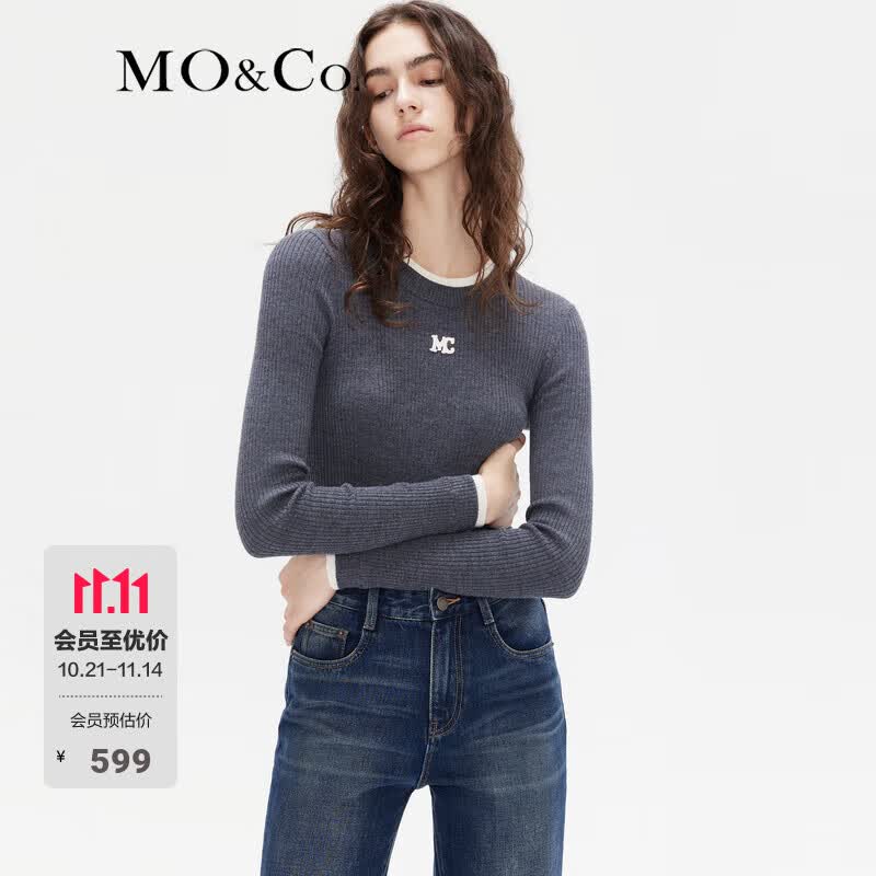 MO&Co.【美丽诺绵羊毛】假两件拼接修身百搭针织衫内搭外穿摩安珂 深花灰色-第2批 M 165 599元