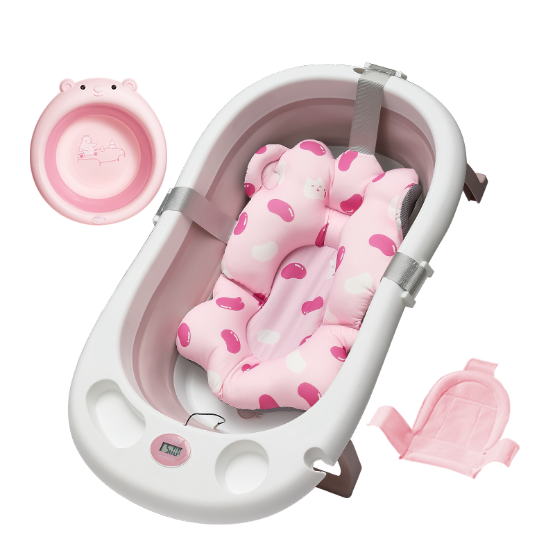 十月结晶婴儿洗澡盆可坐可躺家用大号新生儿童用品可折叠宝宝浴盆 尤兰达红 3件套浴盆+浴网+浴垫