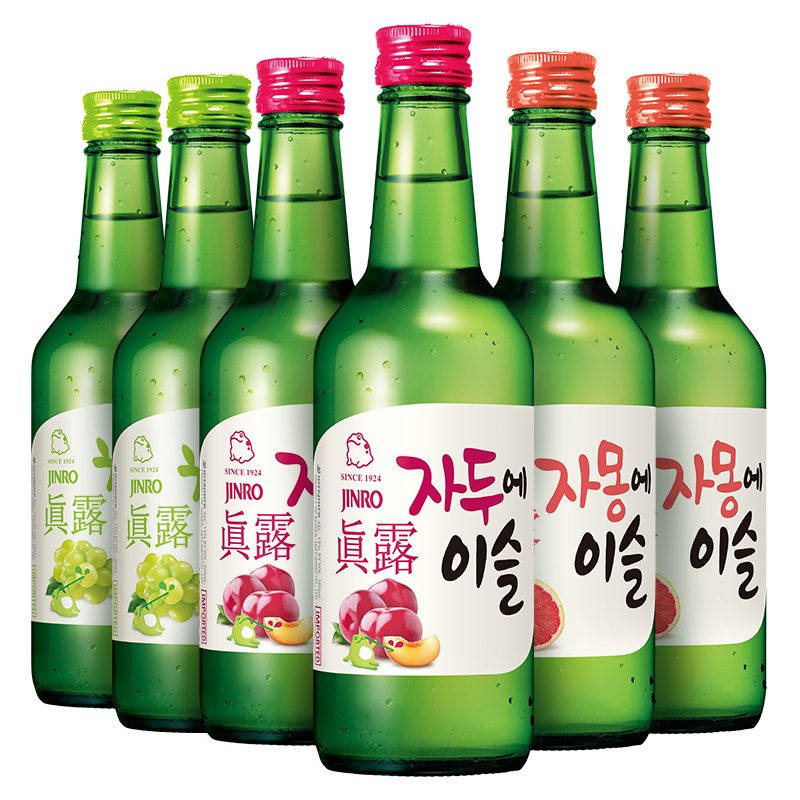 真露 韩国进口烧酒13°青葡萄味+李子味+西柚味 3种口味360ml*6瓶 混合装 果味酒
