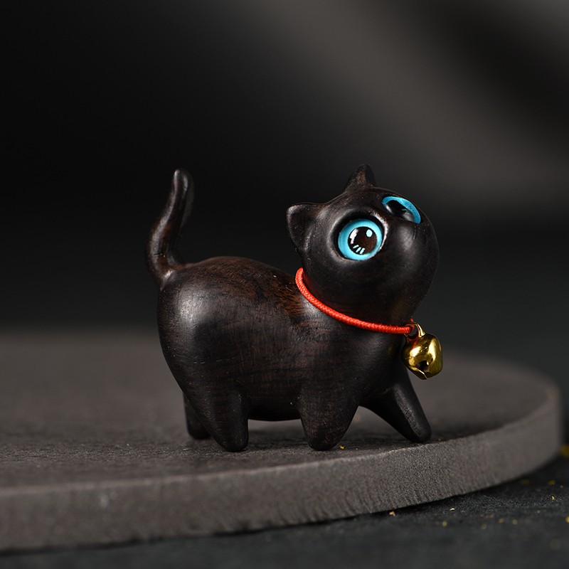 玄同 小黑猫檀木小猫原创把玩摆件可爱手工迷你桌面治愈系创意简约礼品 黑檀可爱猫