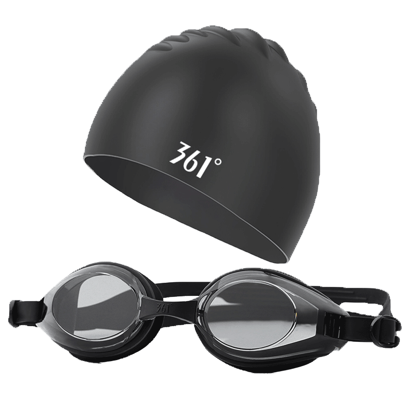 361度泳镜套装 男女高清防雾泳镜泳帽套装 游泳镜硅胶游泳帽套装 黑色平光