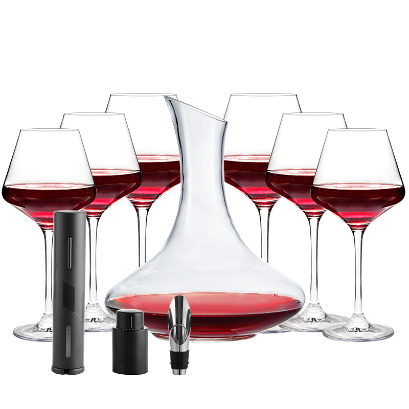 1950 红酒杯套装 水晶玻璃红酒高脚杯12件酒具套装家用葡萄酒杯+醒酒器+电动开瓶器+红酒瓶塞+倒酒器+酒杯架