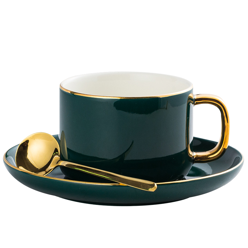 Edo 欧式家用轻奢拉花咖啡杯套装【手绘描金 礼盒包装】230ml大容量咖啡杯 陶瓷杯子带勺子拿铁杯 墨绿色