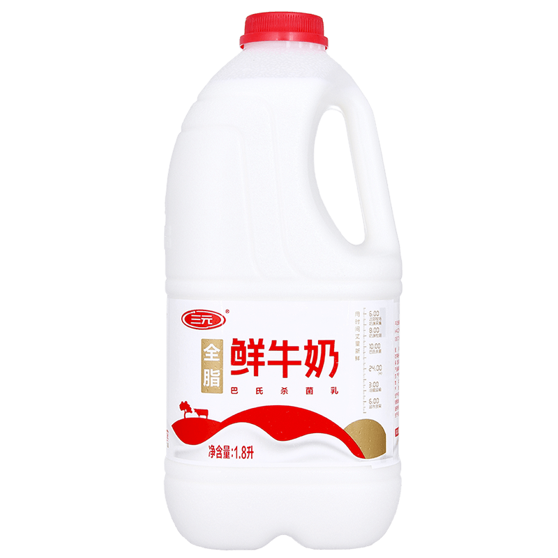 三元 全脂 鲜牛奶 1.8L *1桶 巴氏杀菌鲜牛奶 家庭装