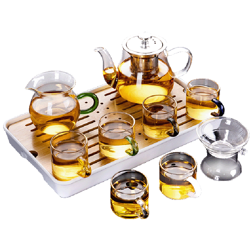玻璃茶具套装家用日式功夫简约整套茶盘小办公泡茶壶茶杯透明过滤 400不锈(六色/把杯)套装_长方白(条纹)密胺