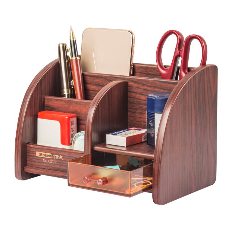 金隆兴桌面收纳盒办公桌木质笔筒创意办公遥控器收纳盒红木纹 C2022