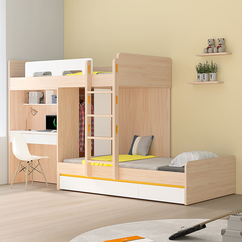 米林纳 小户型平行上下床双层床北欧成人上下铺高低床带书桌衣柜子母床多功能组合儿童床 组合床 上铺1.5*1.9米+下铺1.5*1.9米