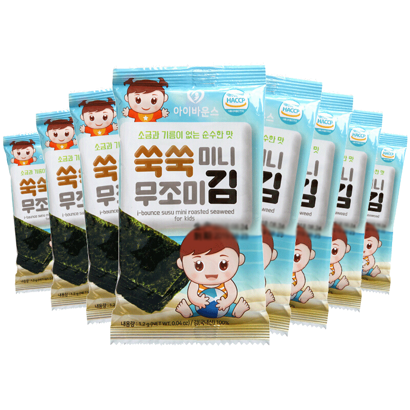 韩国进口 婴鑫海苔 不添加食盐海苔原味 儿童休闲零食香脆烤海苔片 1.2g*8包