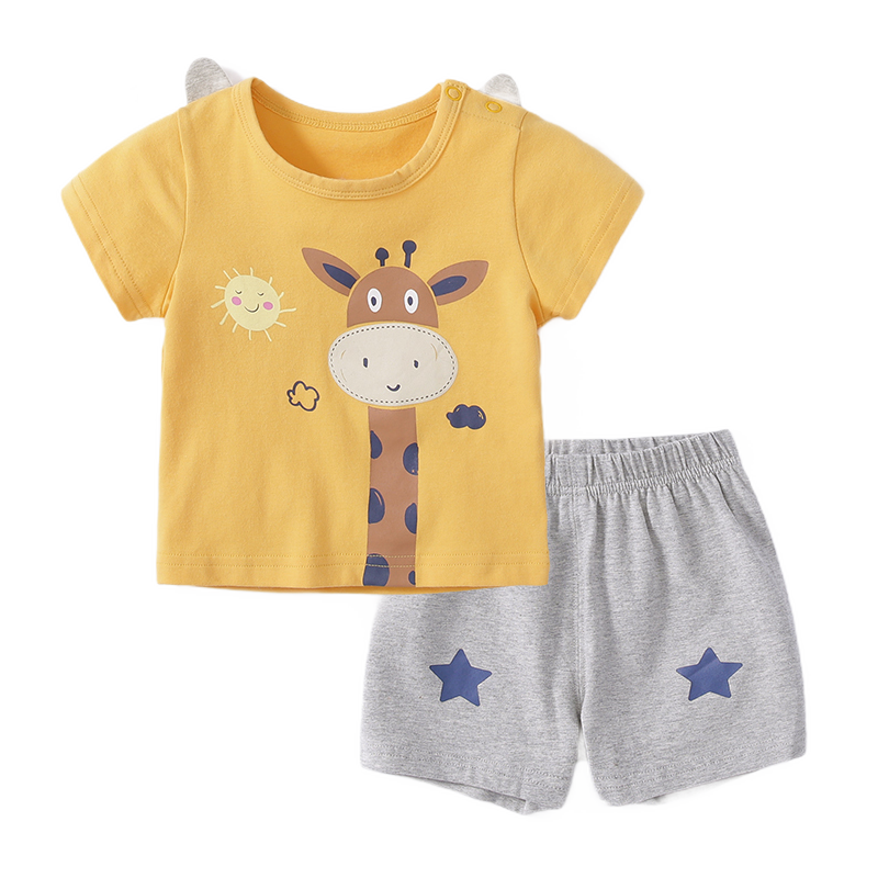懿琪宝贝儿童短袖套装夏季新款男童运动上衣短裤两件套薄款女童套装夏 黄长颈鹿  100cm