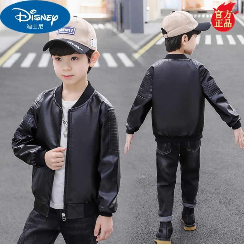 迪士尼同款儿童皮衣外套春秋男童洋气夹克衫2021新款中大童男孩子长袖PU皮防风上衣6-13岁棒球外套 黑色 150