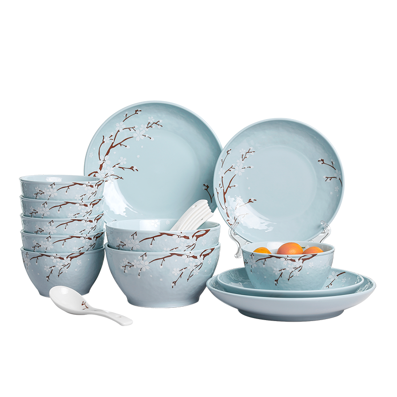 佳佰 陶瓷碗盘子餐具套装日式蓝色樱花语系列碗碟套装18头套装餐具礼盒可微波烤箱