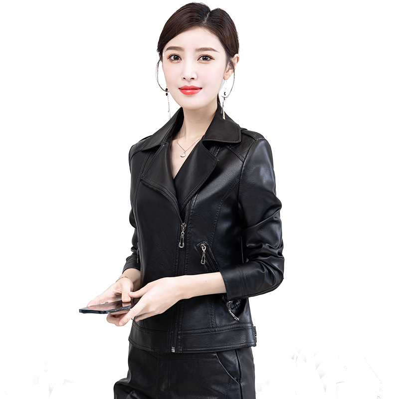 HEILAN/海澜优选 皮衣女短款外套2021韩版修身西装领时尚显瘦海宁机车皮夹克 黑色 2XL