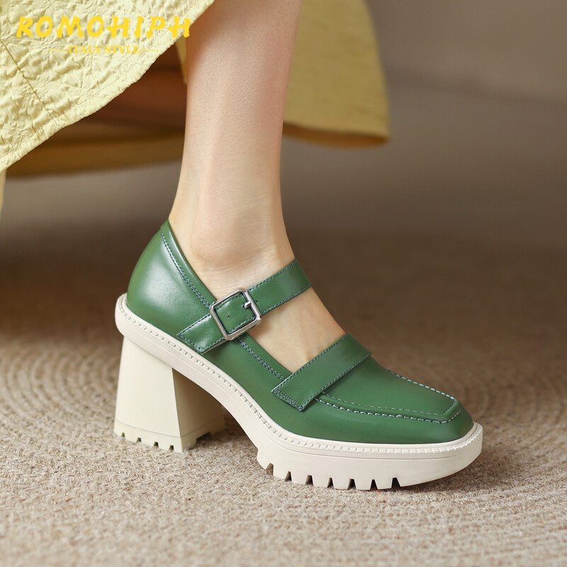 洛梦希菲（ROMOHIPH）品牌玛丽珍鞋女春夏新款厚底单鞋粗跟一字扣带粗跟中空 绿色 37