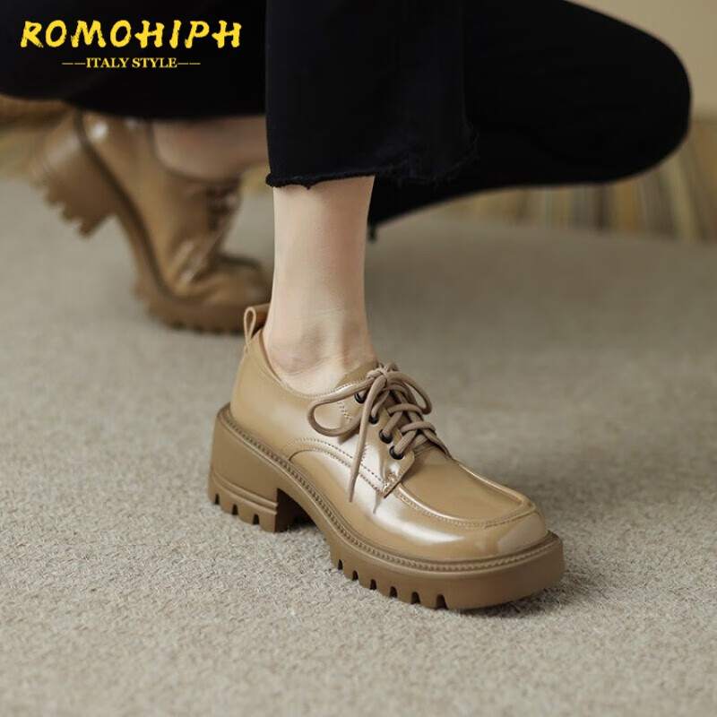 洛梦希菲（ROMOHIPH）品牌单鞋女2022年春夏新款厚底高跟松糕乐褔鞋小皮鞋子粗跟圆头 杏色 37