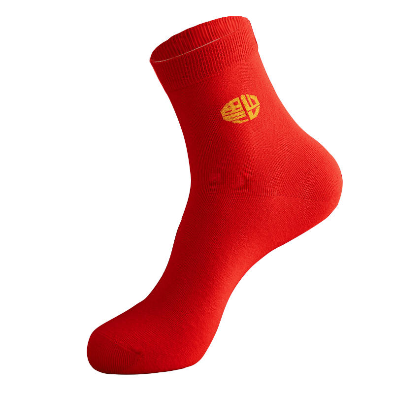 皮尔卡丹袜子男士本命年中筒大红色鸿运福字棉袜情侣袜子男袜 红色 均码 3双装