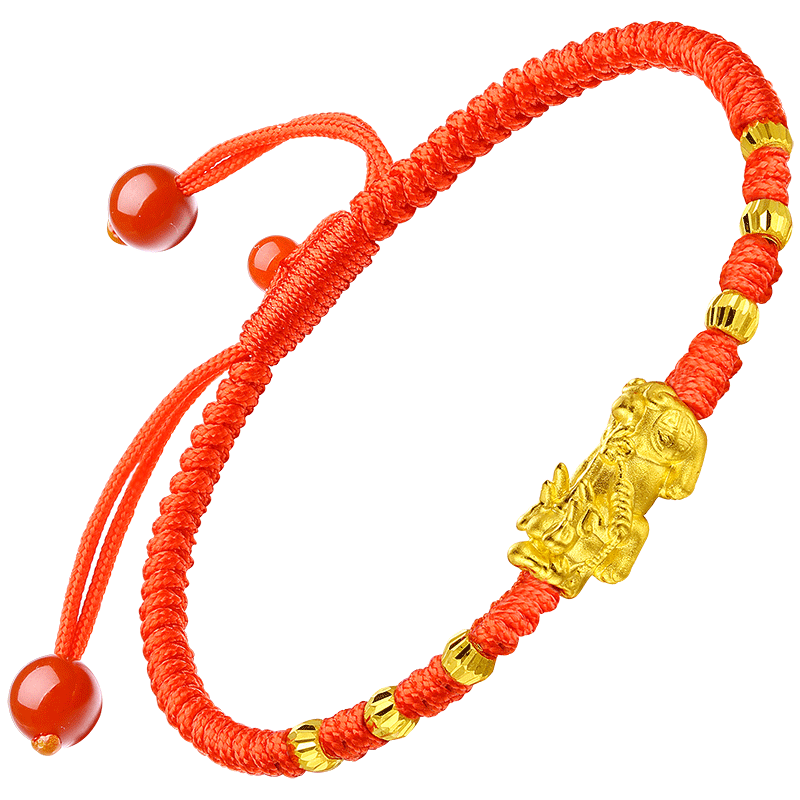 红色年轮 黄金手链貔貅转运珠本命年红绳手链路路通3D硬金男女款 生日礼物送女友