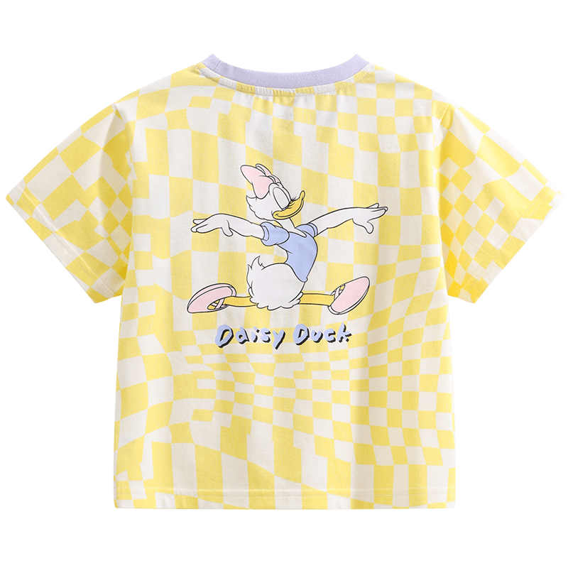 迪士尼 Disney 童装儿童女童T恤短袖圆领棉质宽松吸汗洋气休闲印花上衣服2022夏款 DB221BE24黄白格子120