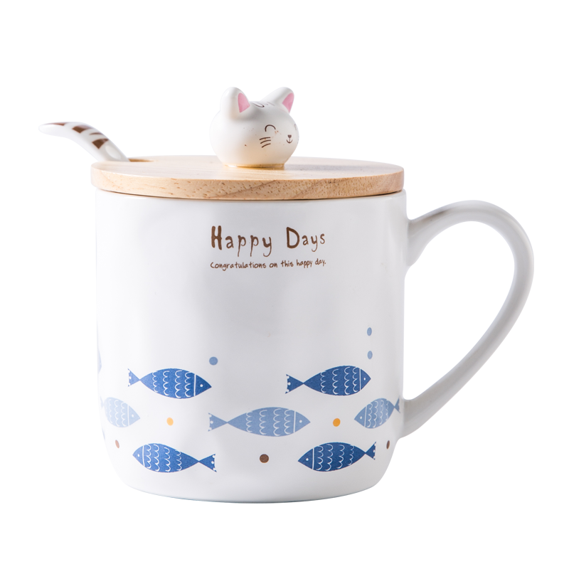 瓷魂 陶瓷马克杯子 凹凸形咖啡杯 可爱小猫幻想鱼带盖勺水杯380ML 一群鱼