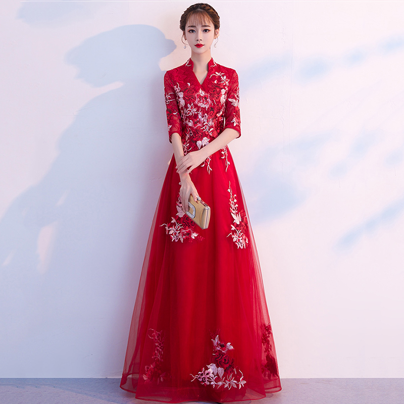 依迪筱敬酒服新娘2022新款春夏季中式旗袍红色结婚回门大气礼服裙显瘦 酒红色长款 M