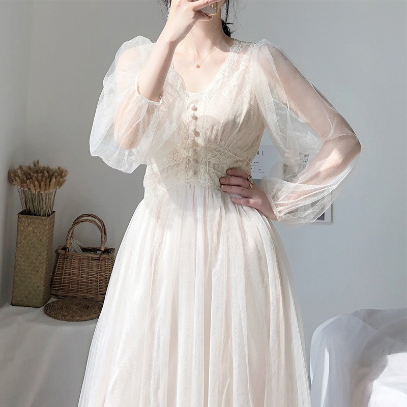仙女连衣裙夏季雪纺2020新款法式网纱长裙森系长款裙仙女裙女装 米白色 S