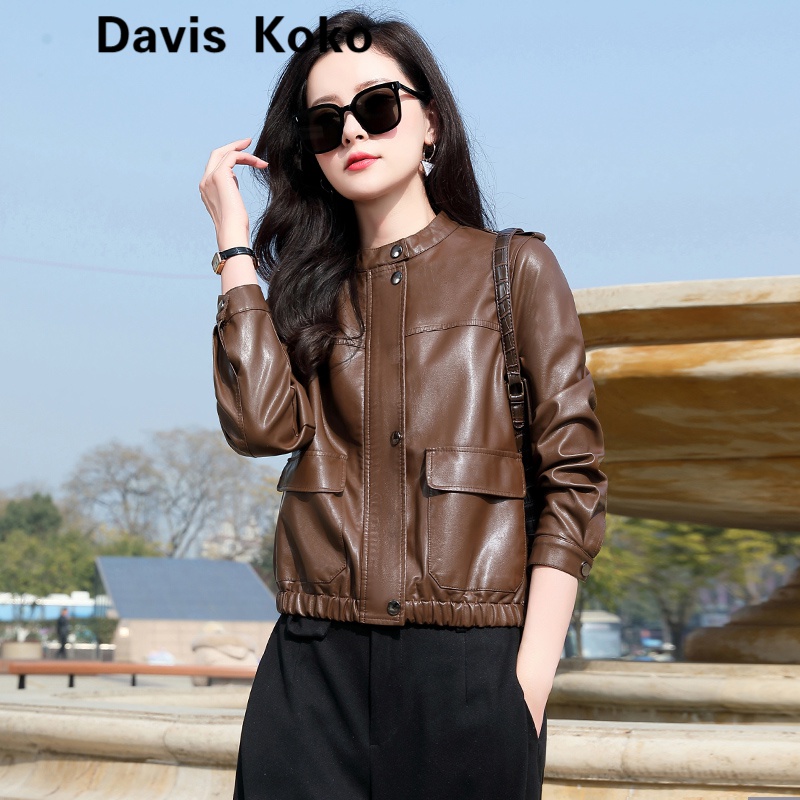 Davis Koko 高端品牌 皮衣短外套女装2022春秋新款小个子时尚立领皮夹克休闲棒球服上衣 咖啡色 M