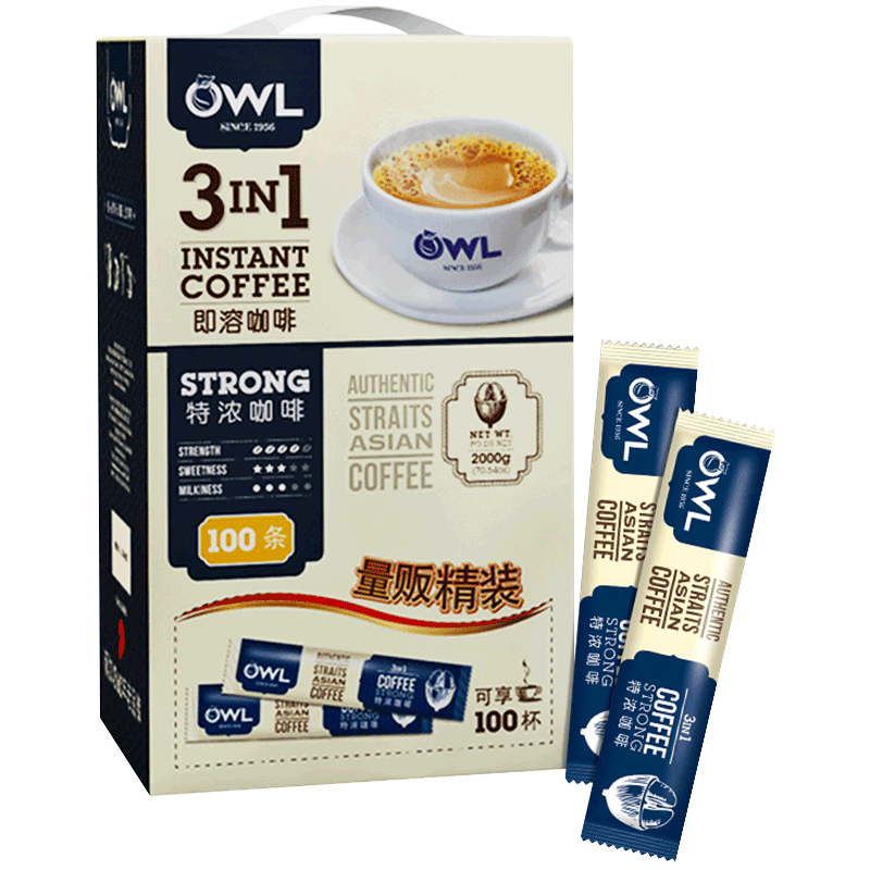 马来西亚进口 猫头鹰(OWL) 三合一特浓速溶咖啡粉 （100条x20g） 量贩装礼盒2KG 