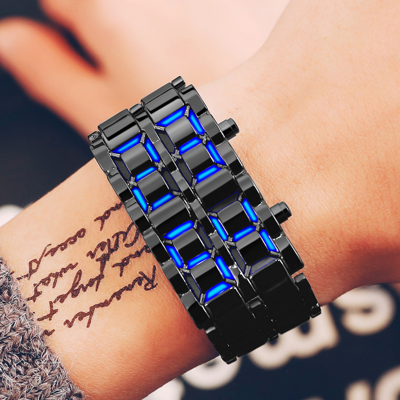电子手表韩版男士时尚潮流创意LED个性学生熔岩手链手表腕表 黑色蓝灯