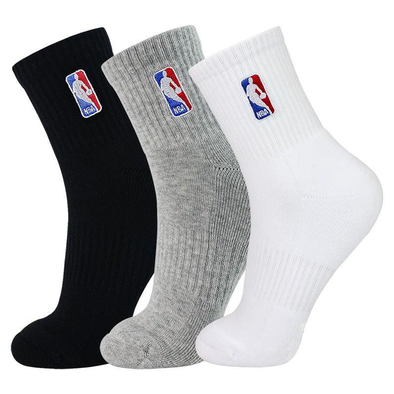 NBA专业篮球袜男士中筒运动袜加厚毛圈底毛巾底吸汗缓冲透气跑步袜3双装 混色A 均码