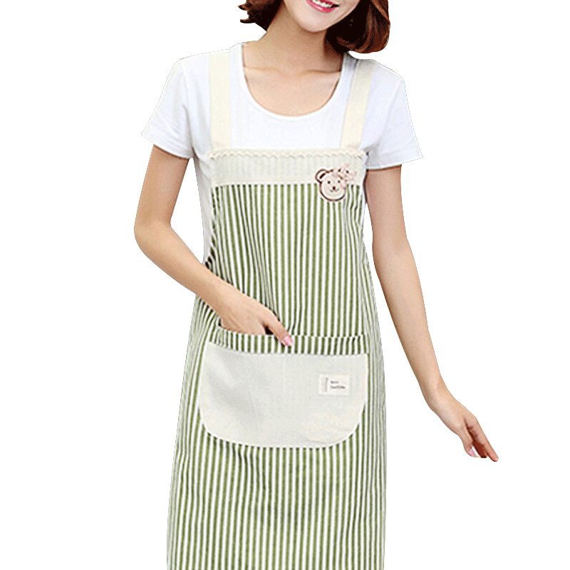 利得韩版时尚棉麻围裙 小熊双层防水围裙 条纹小清新绿 厨房可爱做饭烘焙