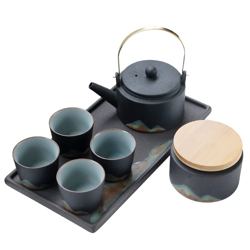 苏氏陶瓷 SUSHI CERAMICS 手绘彩画茶具提梁茶壶配精美干泡茶盘小茶叶罐7件功夫茶具套装礼盒