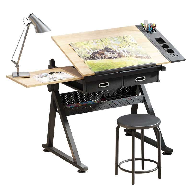 学生画桌家用折叠绘画桌升降画台美术桌画架子多功能学生写字书桌 出口型-多功能画桌+椅子