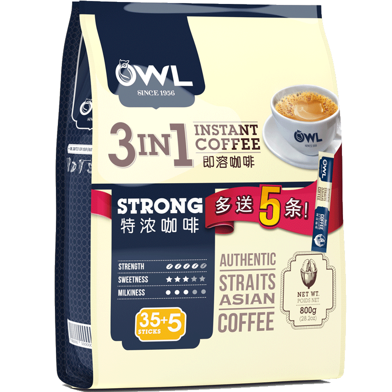 马来西亚进口 猫头鹰(OWL) 三合一特浓速溶咖啡粉 800g（40条x20g）