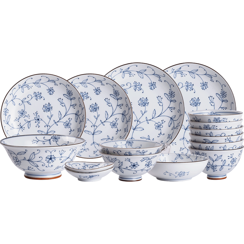 日本进口 碗碟餐具套装小蓝芽线唐草纹4人6人 家用碗盘日式餐具组合 线唐草 16件套
