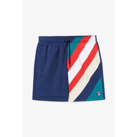 FILA斐乐男士不对称拼色尼龙抽绳系带沙滩短裤时尚休闲舒适户外运动裤LM118994 410 PEACOAT/RED/WHITE XL