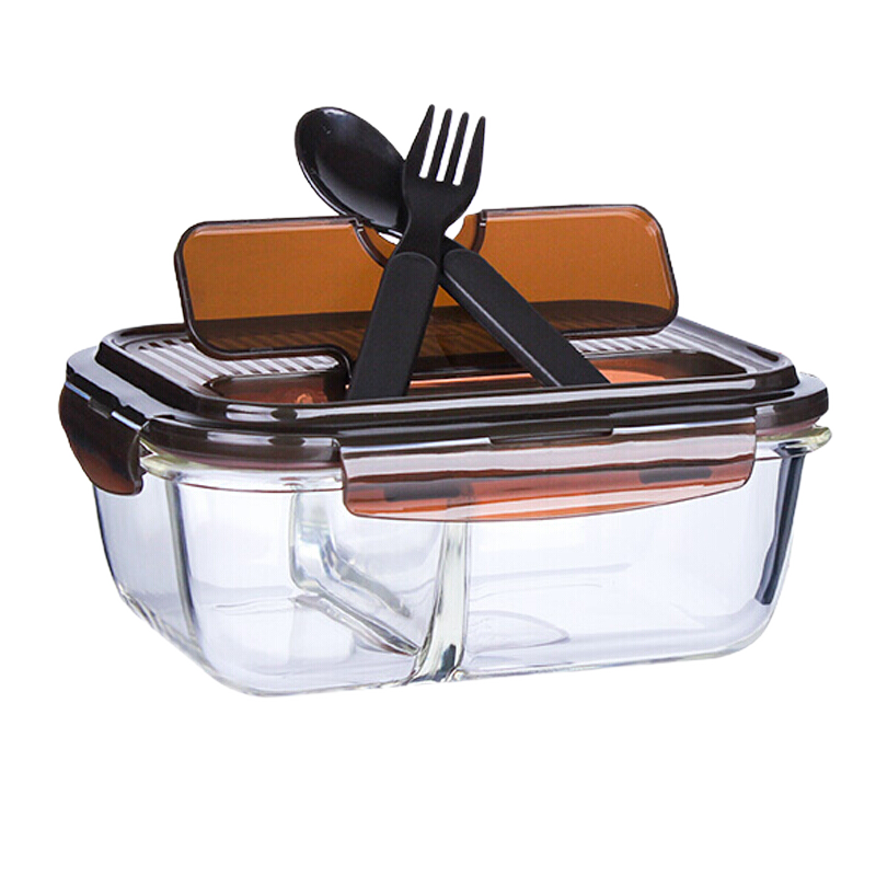 乐扣乐扣locklock保鲜盒分隔耐热玻璃便当盒饭盒带勺叉llg447clb咖啡